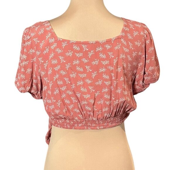 American Eagle Floral Wrap Crop Top Sz.M Coral Puff Sleeve Y2K 90s Romantic - Picture 5 of 9